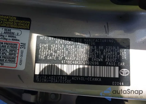 2007 Toyota Camry Le z USA, uszkodzony, nr VIN 4T1BE46K07U102696